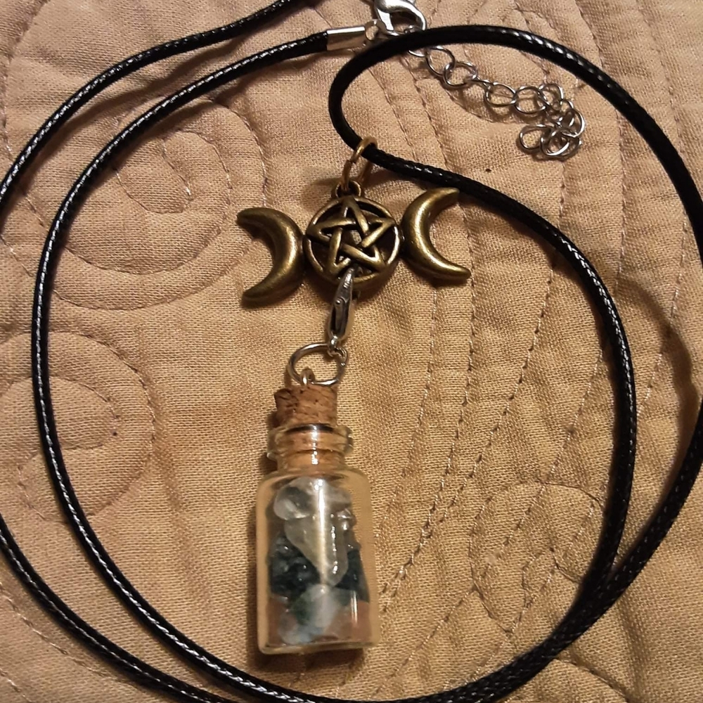Green witches glass bottle mini spell necklace